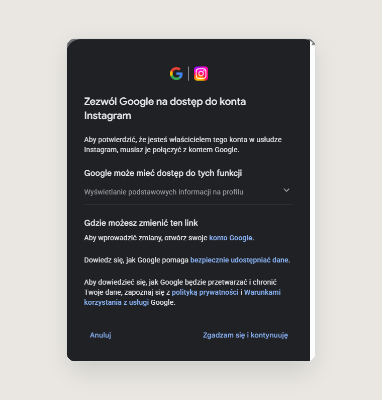 Instagram w Google Search Console – jak połączyć konto i sprawdzać widoczność w Google? 7 Zgoda Google na dostęp do konta Instagram podczas weryfikacji