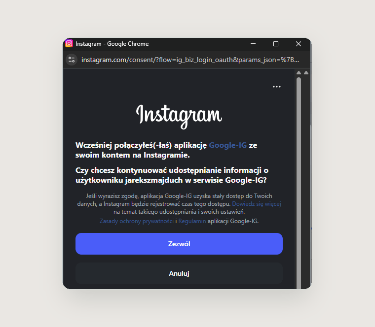 Instagram w Google Search Console – jak połączyć konto i sprawdzać widoczność w Google? 6 Zgoda na połączenie konta Instagram z aplikacją Google-IG