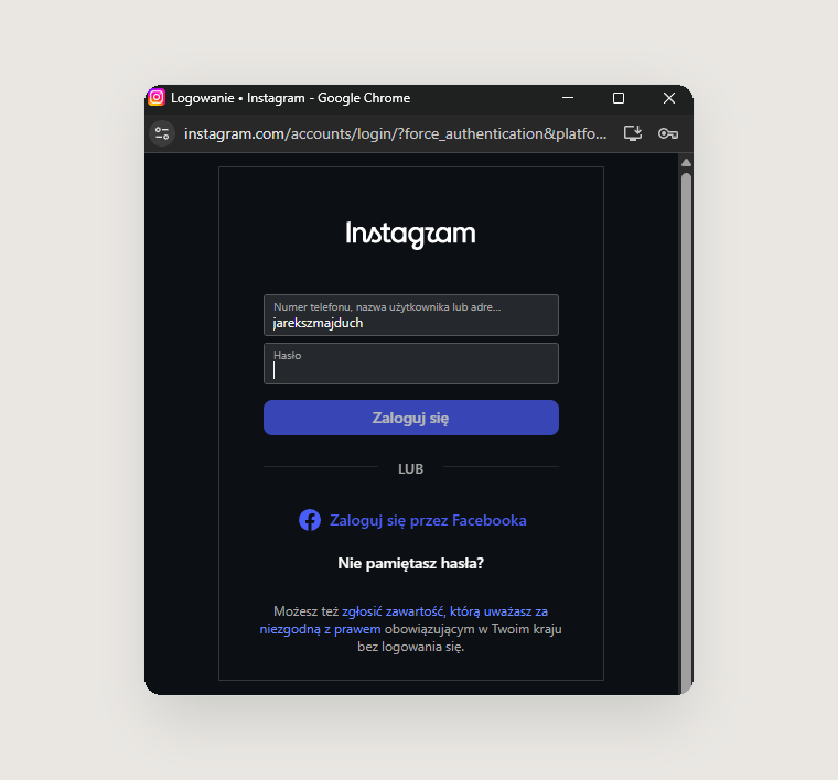 Instagram w Google Search Console – jak połączyć konto i sprawdzać widoczność w Google? 5 Logowanie do Instagrama podczas łączenia konta z Google Search Console