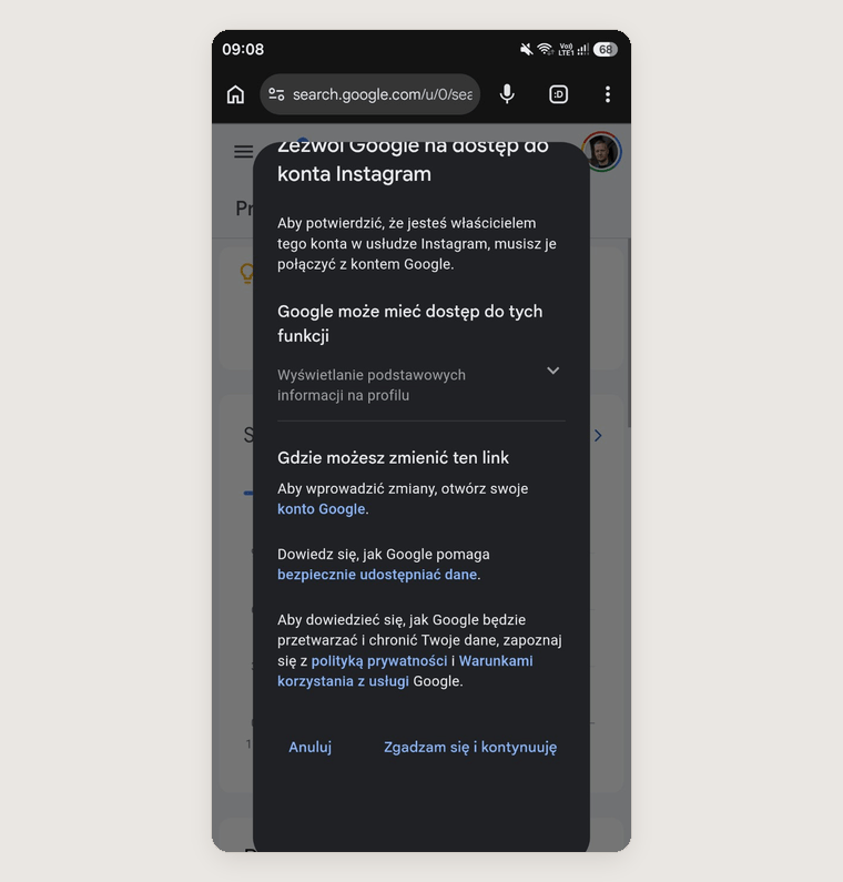 Instagram w Google Search Console – jak połączyć konto i sprawdzać widoczność w Google? 11 Autoryzacja konta Instagram w Google Search Console na Androidzie