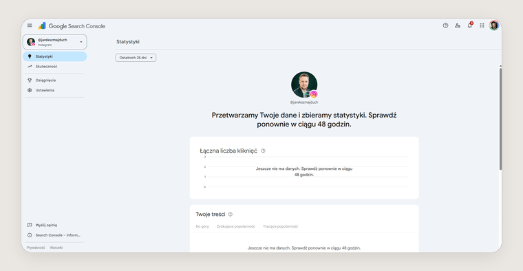 Instagram w Google Search Console – jak połączyć konto i sprawdzać widoczność w Google? 10 Panel Instagrama w Google Search Console oczekujący na zebranie danych