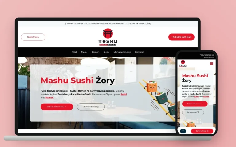 Strona Mashu Sushi na komputerze i telefonie — realizacja Jarka Szmajducha