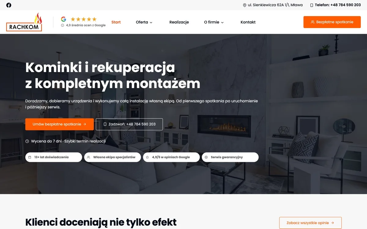 Strona rachkom.com.pl — kominki i rekuperacja, Mława